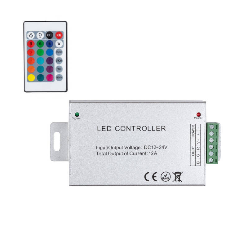 Image of 12/24V DC RGB LED Strip Controller + IR High Power Remote Control with 24 Buttons