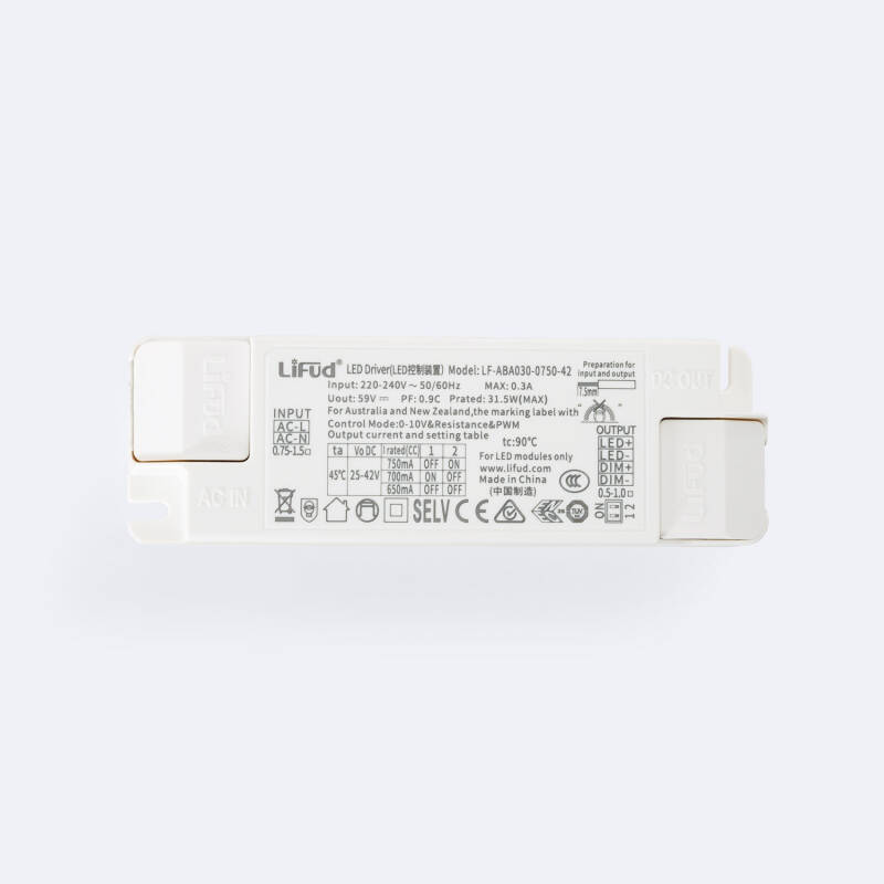 Image of 12.5-30W Dimmable LIFUD Driver 0-10V 220-240V Output 25-42V 500-750mA LF-ABA030-0750-42