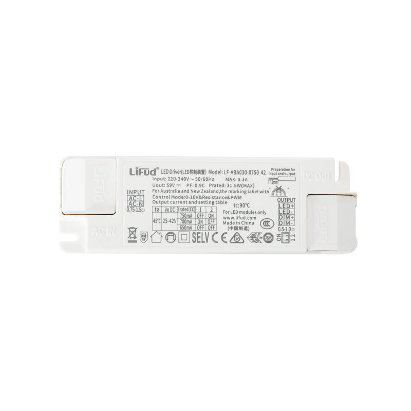 Image of 12.5-30W Dimmable LIFUD Driver 0-10V 220-240V Output 25-42V 500-750mA LF-ABA030-0750-42