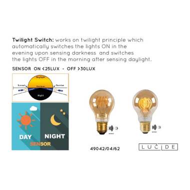 Image of Lucide 4W LED Decorative Filament GLS Bulb with Dusk to Dawn Sensor - Screw Cap