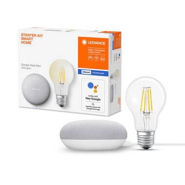 Image of Ledvance Smart+ 6W Warm White LED Dimmable Bluetooth Decorative Filament GLS Bulb with Google Nest Mini Starter Kit