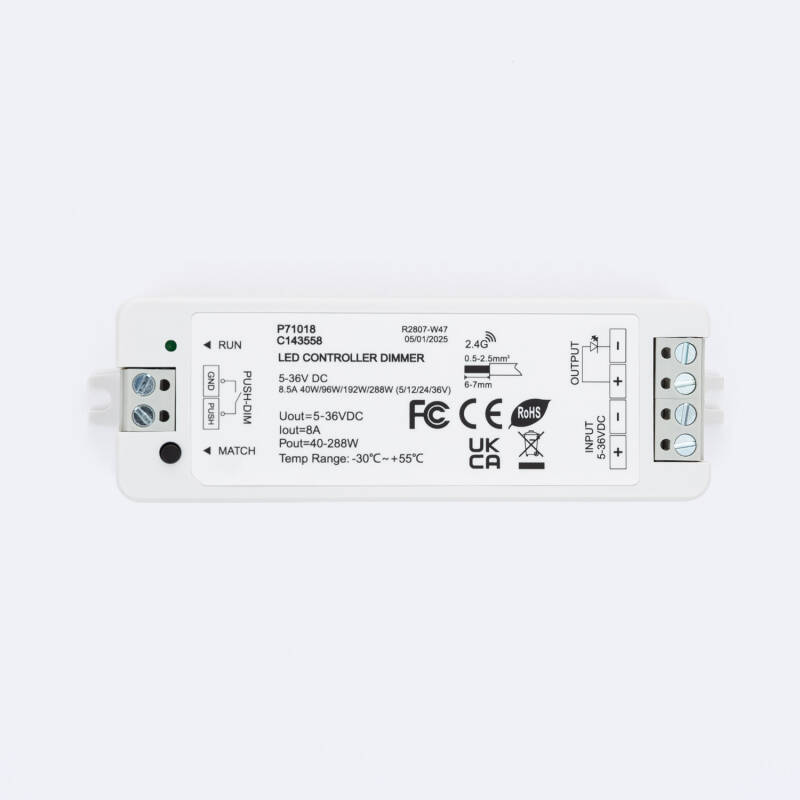 Image of 5/12/24/36V DC Monochrome LED Strip Dimmer Controller compatible with RF Push Button Controller