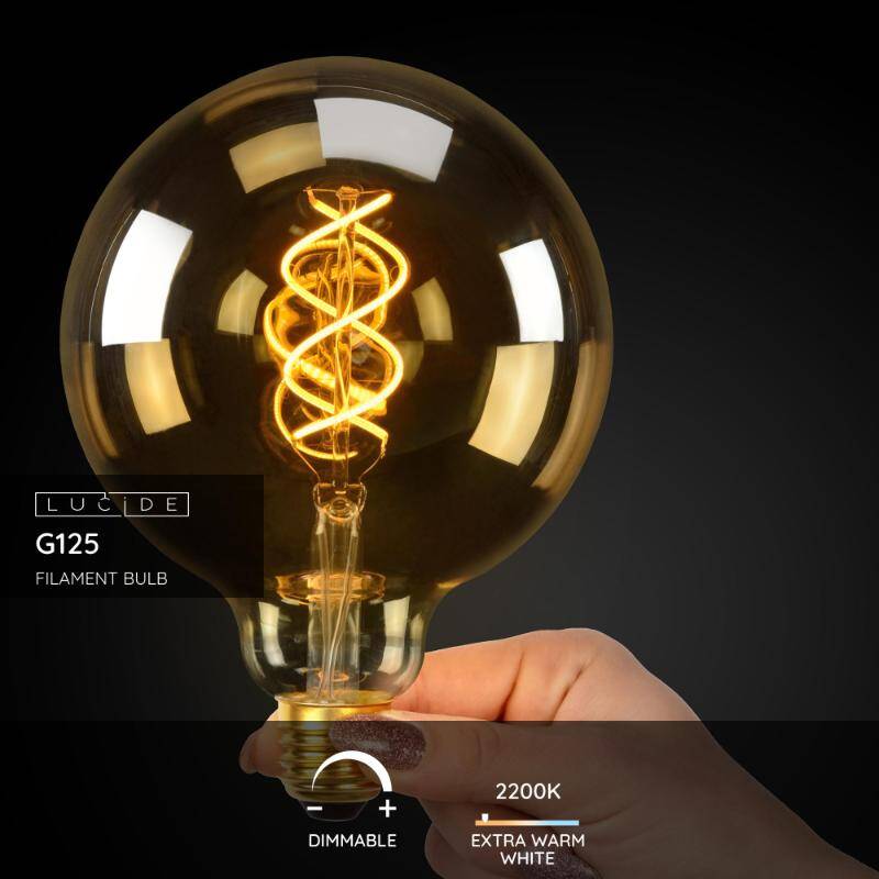 Image of Lucide 5W LED Dimmable Amber Decorative Filament 125mm Globe Bulb - Screw Cap