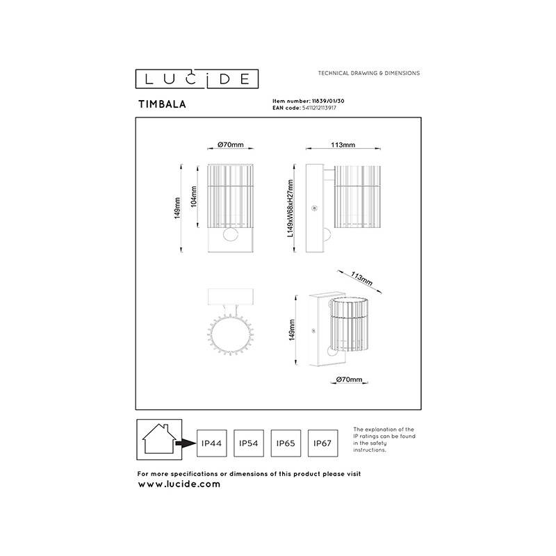 Image of Lucide Timbala Outdoor Wall Light with PIR Sensor