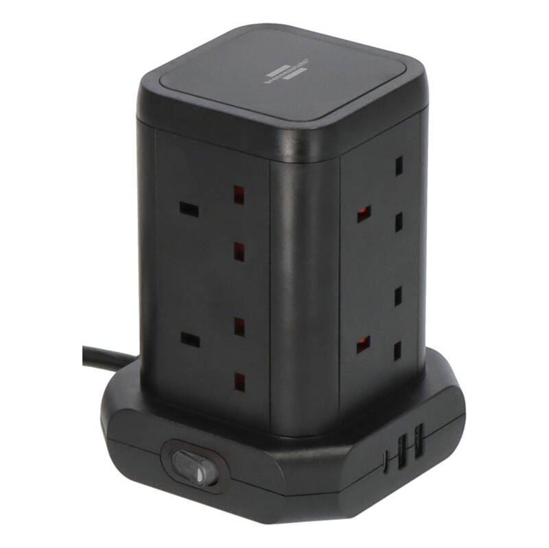 Image of Brennenstuhl 8-way Tower Extension Lead with 3 x USB Charging Sockets - 2M