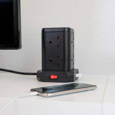 Image of Brennenstuhl 8-way Tower Extension Lead with 3 x USB Charging Sockets - 2M