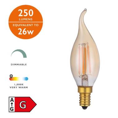 Image of Dar 4W 250lm Dimmable LED Vintage Decorative Filament Bent Tip Candle Bulb