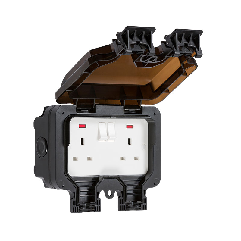 13A 2 Gang Double Pole Switch Outdoor Power Socket - Black