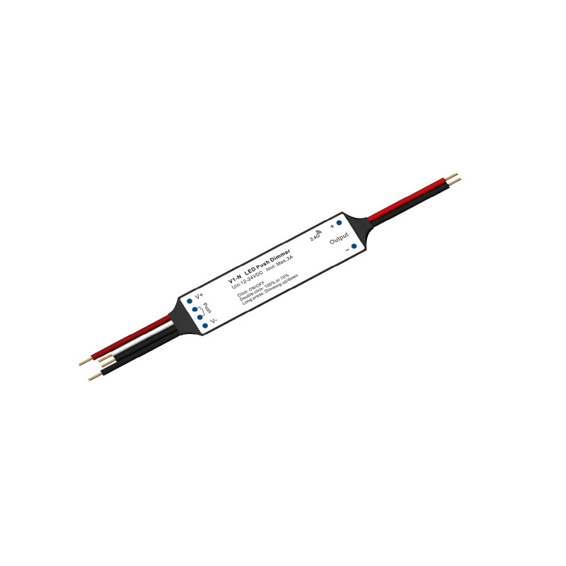 Mini RF Controller for 12/24V DC Monochrome LED Strips with Push-button Dimmer White